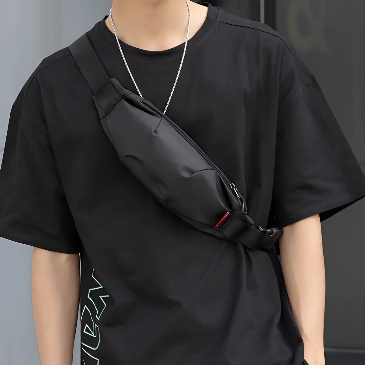 Black Oxford cloth waist pack with crossbody strap showing internal phone and ID card pockets
