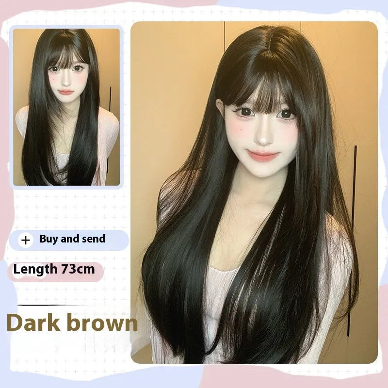 Dark brown synthetic long straight wig with bangs on wig head