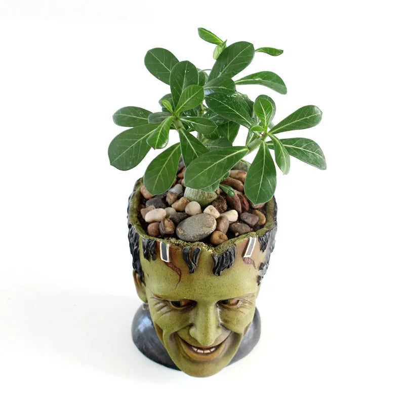 Green resin Frankenstein flower pot with drainage hole for desktop indoor succulent and fern display