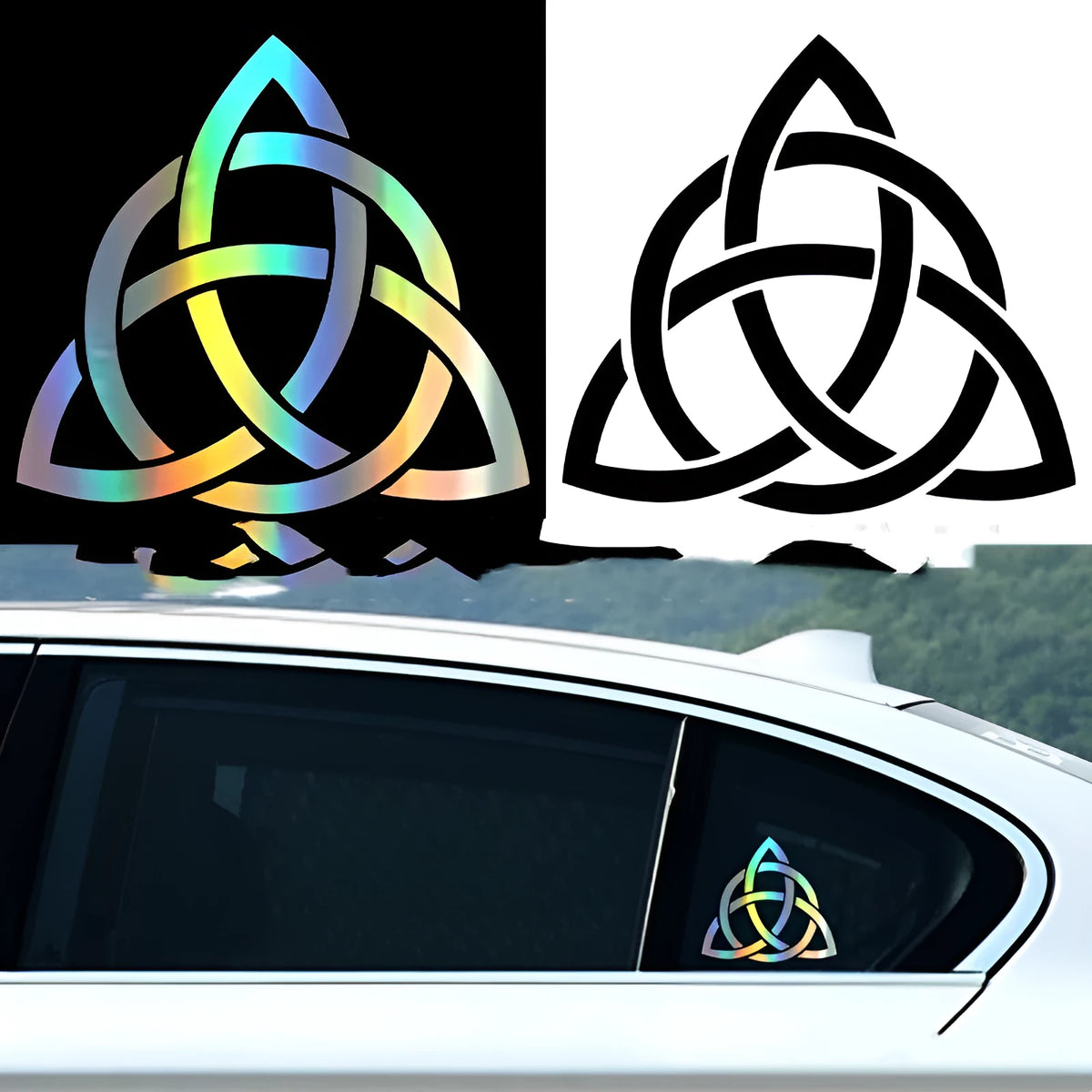 Waterproof car body sticker decal shown in matte black, white, and reflective laser colour options