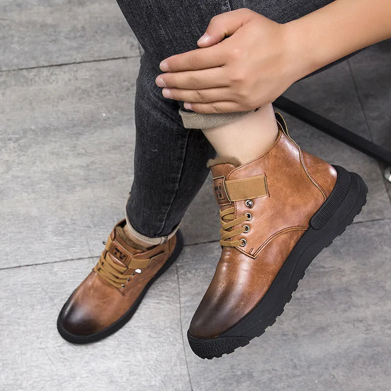 Men's black and brown velvet high-top platform boots with rubber soles on size chart
