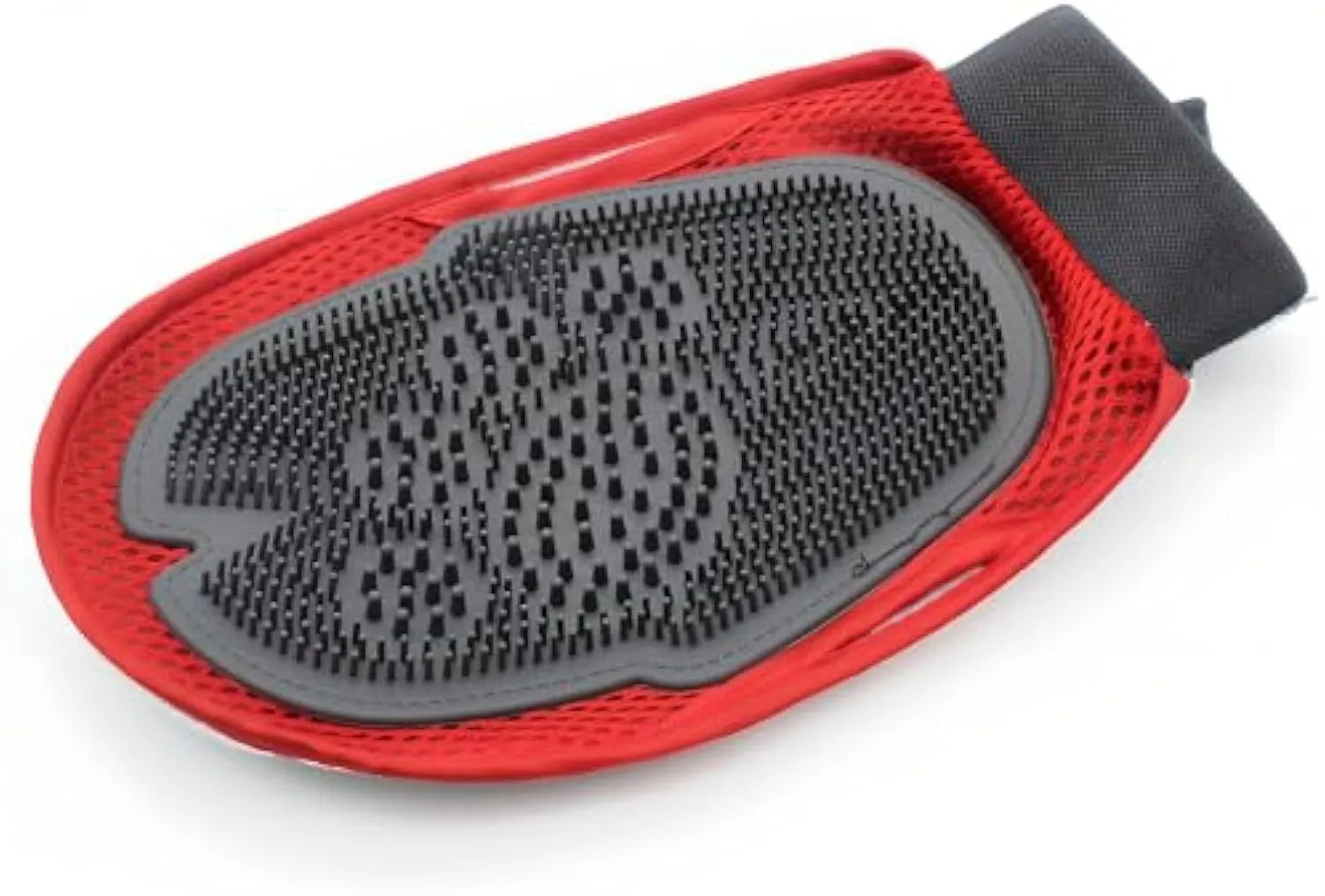 Red pet bathing glove with integrated cleaning brush for dog and cat grooming