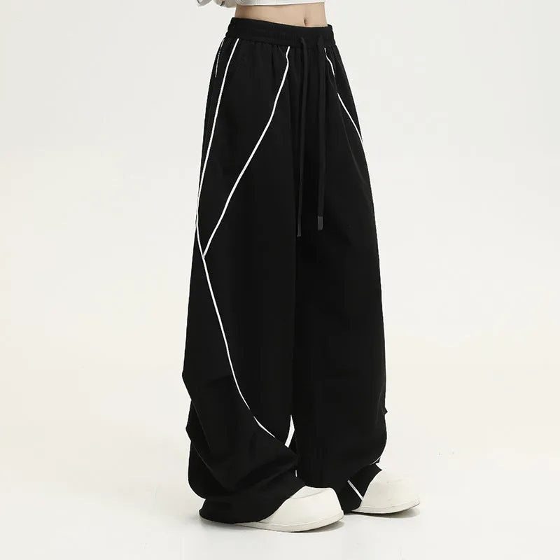 Black striped pleated hip hop wide-leg pants with mid waist and loose fit
