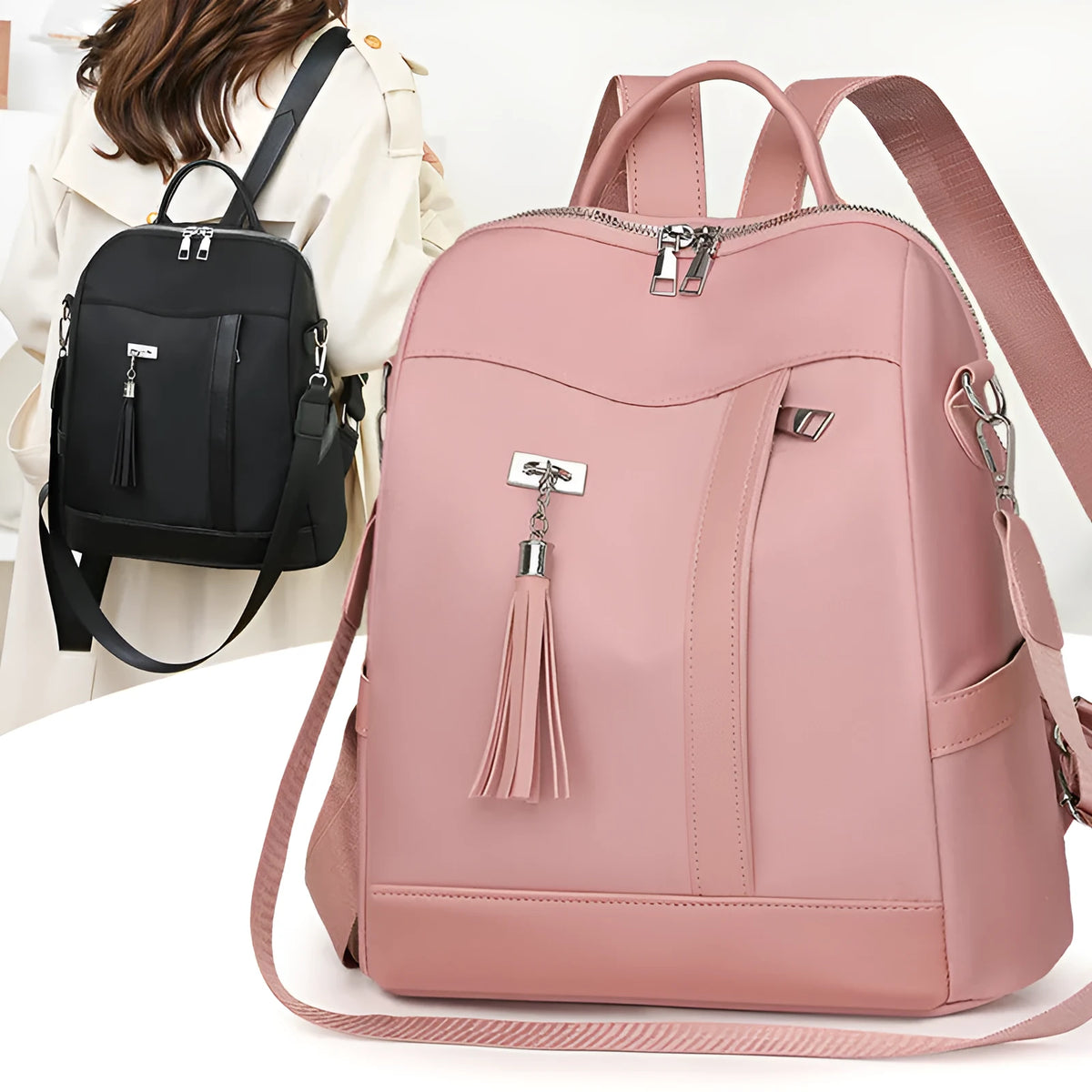 Large capacity black PU commute backpack with three-dimensional pockets and soft construction