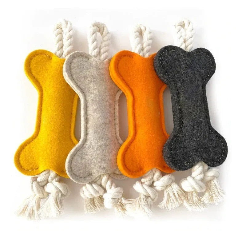 Bone-shaped dog chew toy with a rope knot interior and a soft felt exterior, shown in blue colour.