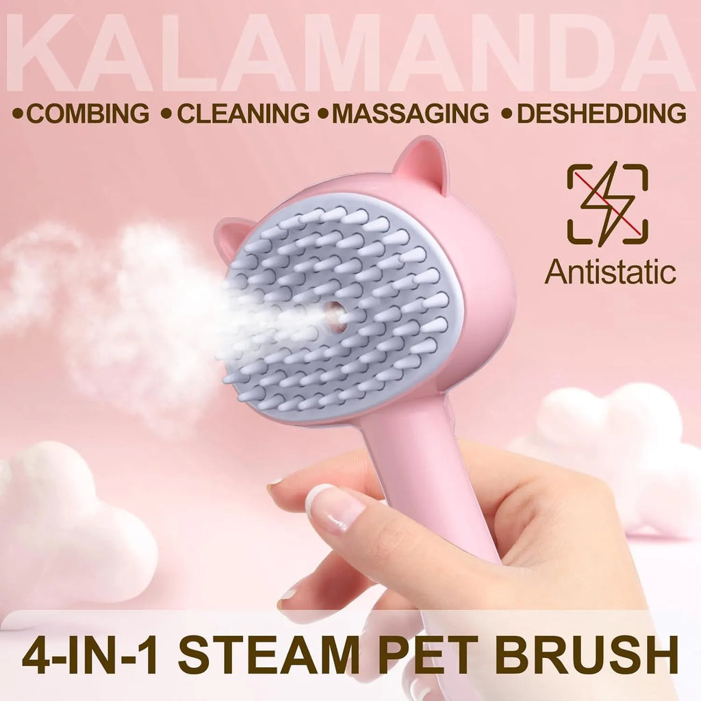 Blue 4-in-1 cat steam brush with ergonomic handle and release button for pet grooming