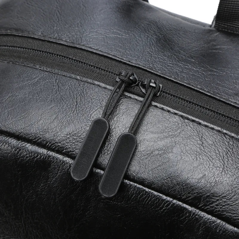 Black men's casual backpack with PU outer and polyester lining, waterproof, under 20L capacity