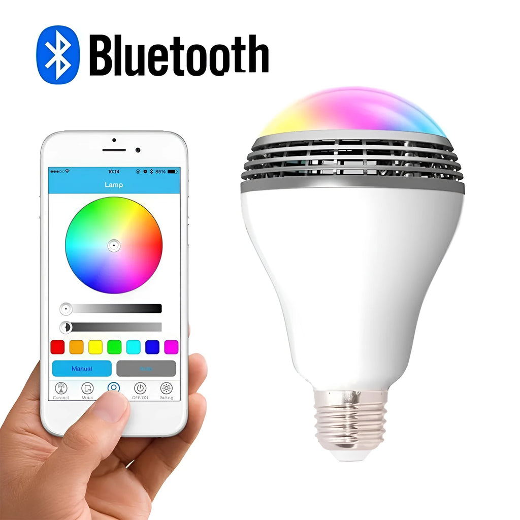E27 smart LED bulb with Bluetooth speaker functionality showing 100mm diameter