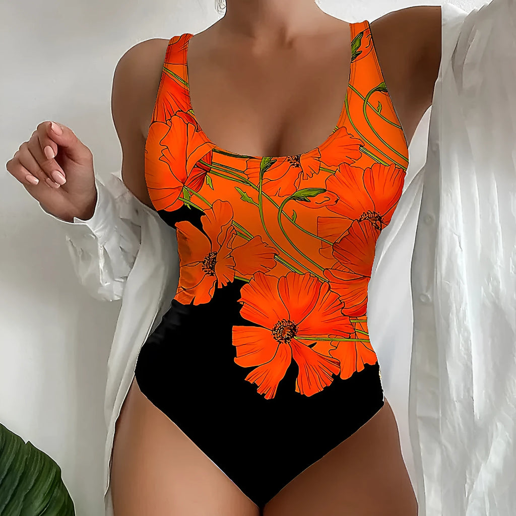 Orange floral printed women's backless one-piece swimsuit with slim fit design