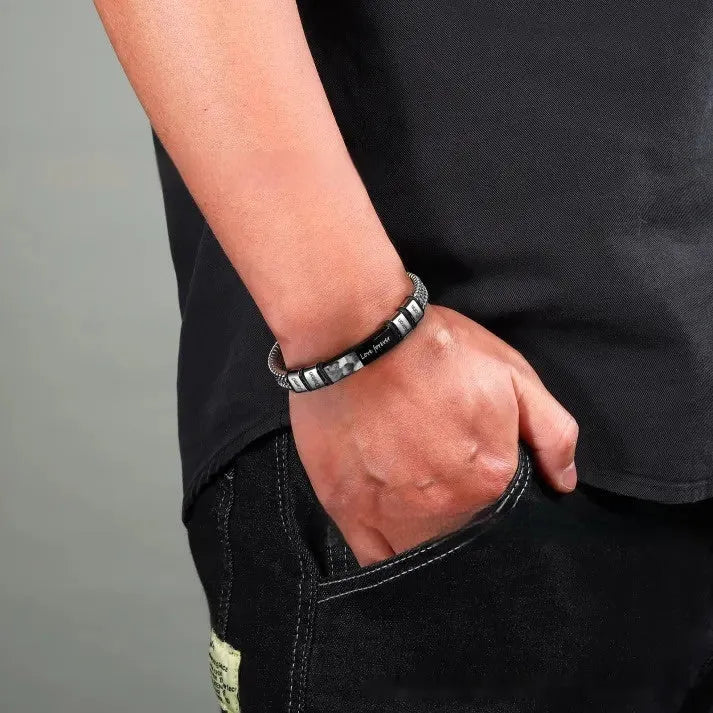 Men's stainless steel and leather rope lettering bracelet with heart shape design and multiple bead options