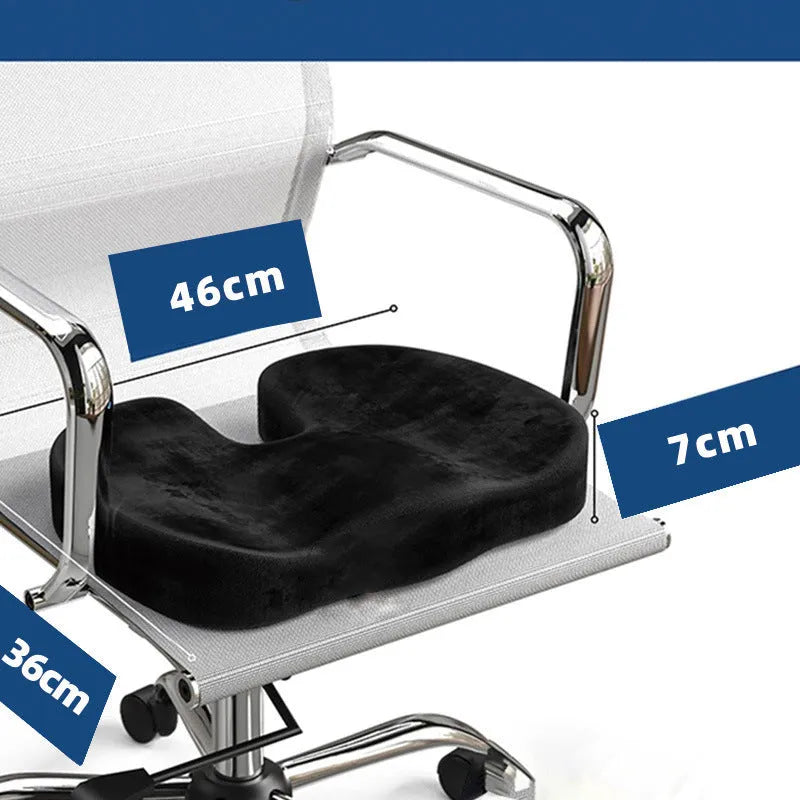 Black U-shaped memory foam office seat cushion showing dimensions of 46cm by 36cm.