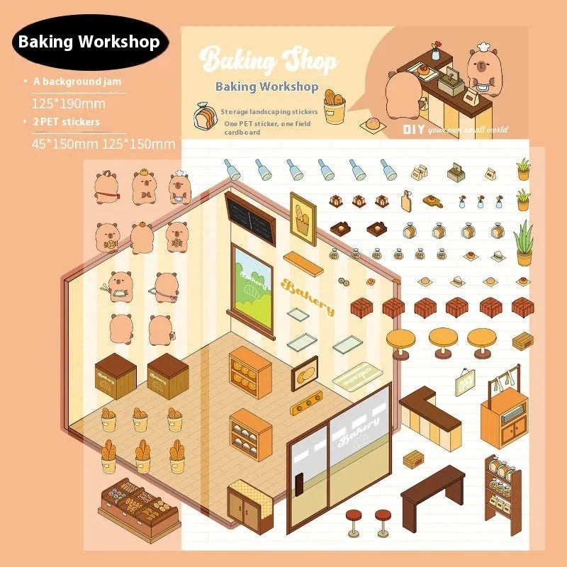 Capabala cartoon landscape 3D sticker sheet showing pre-cut self-adhesive shop scenes.