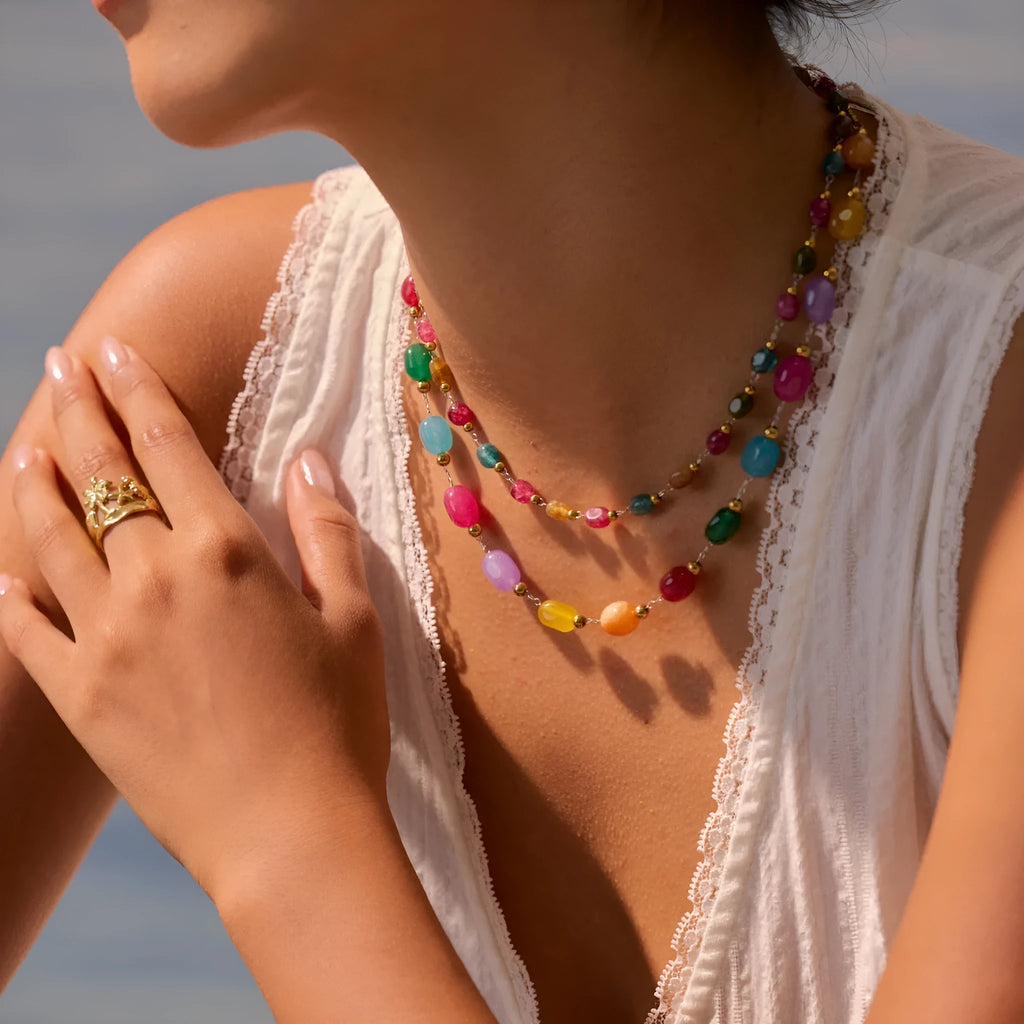 Natural stone beaded necklace for women with geometric pendant, 18K electroplated stainless steel chain, 41-50cm