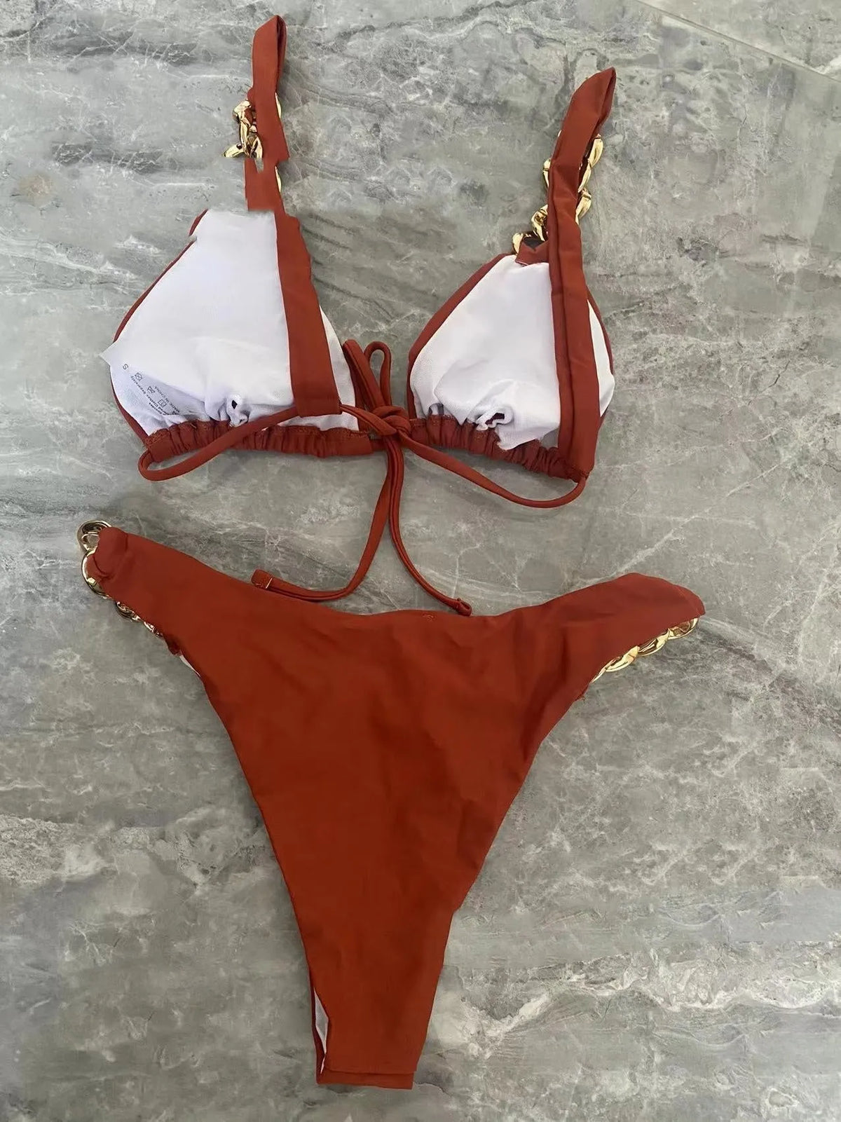Brown tube-top push-up bikini swimsuit with ring tether detailing