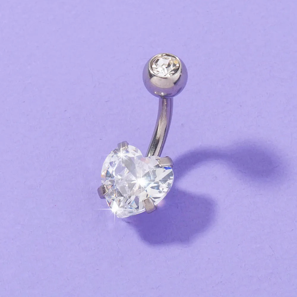 Stainless Steel Heart-shaped Zircon Navel Pin Body Piercing Jewelry for Women Europe America Style Electroplated Belly Button Ring Width 0.8 cm Height 1.8 cm Copper Zircon Material