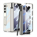 Electroplating transparent phantom magnetic hinge pen holder phone case for Samsung Z Fold 5 in Holiday Blue, PC hard shell with bracket and shockproof protection.