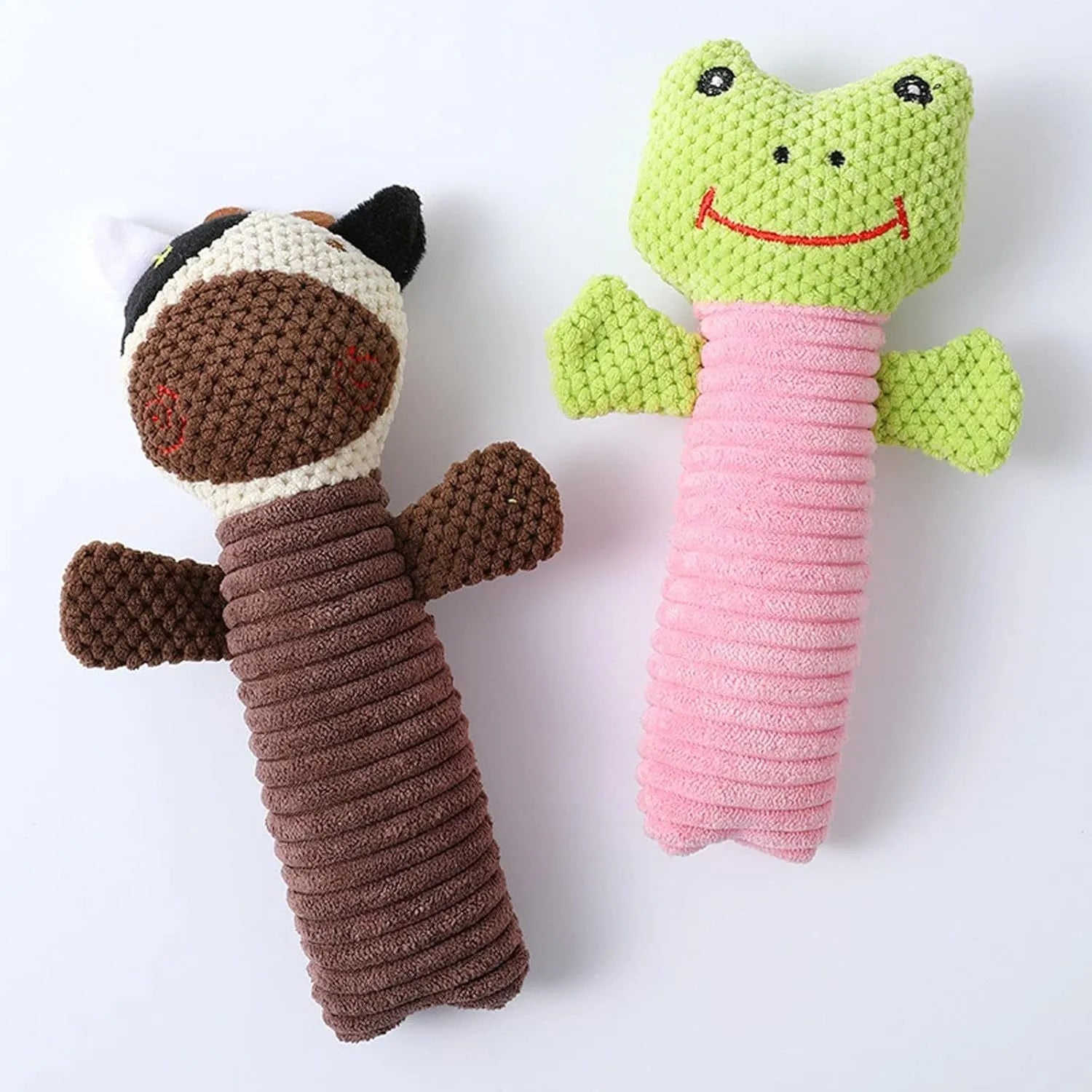 Dog squeaky chew toy shaped like a stuffed animal, 19cm long, for teeth cleaning and play.