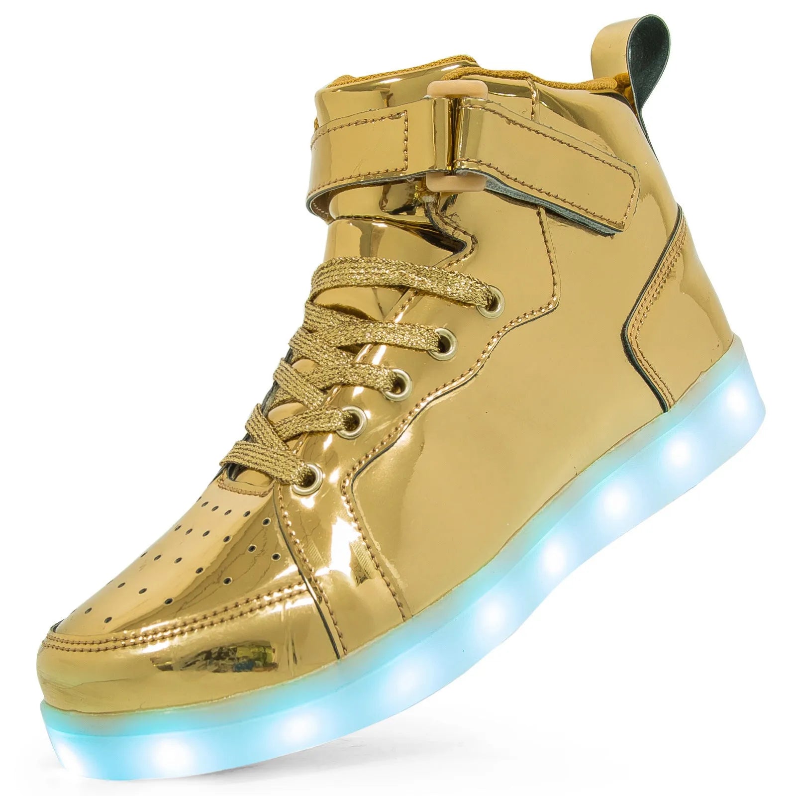 LED light-up high-top board shoes with Velcro strap, shown in multiple colours.