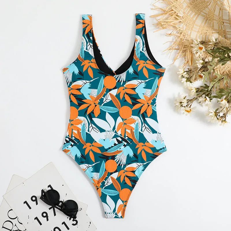 Women's high-waist one-piece bikini in printed polyester fabric