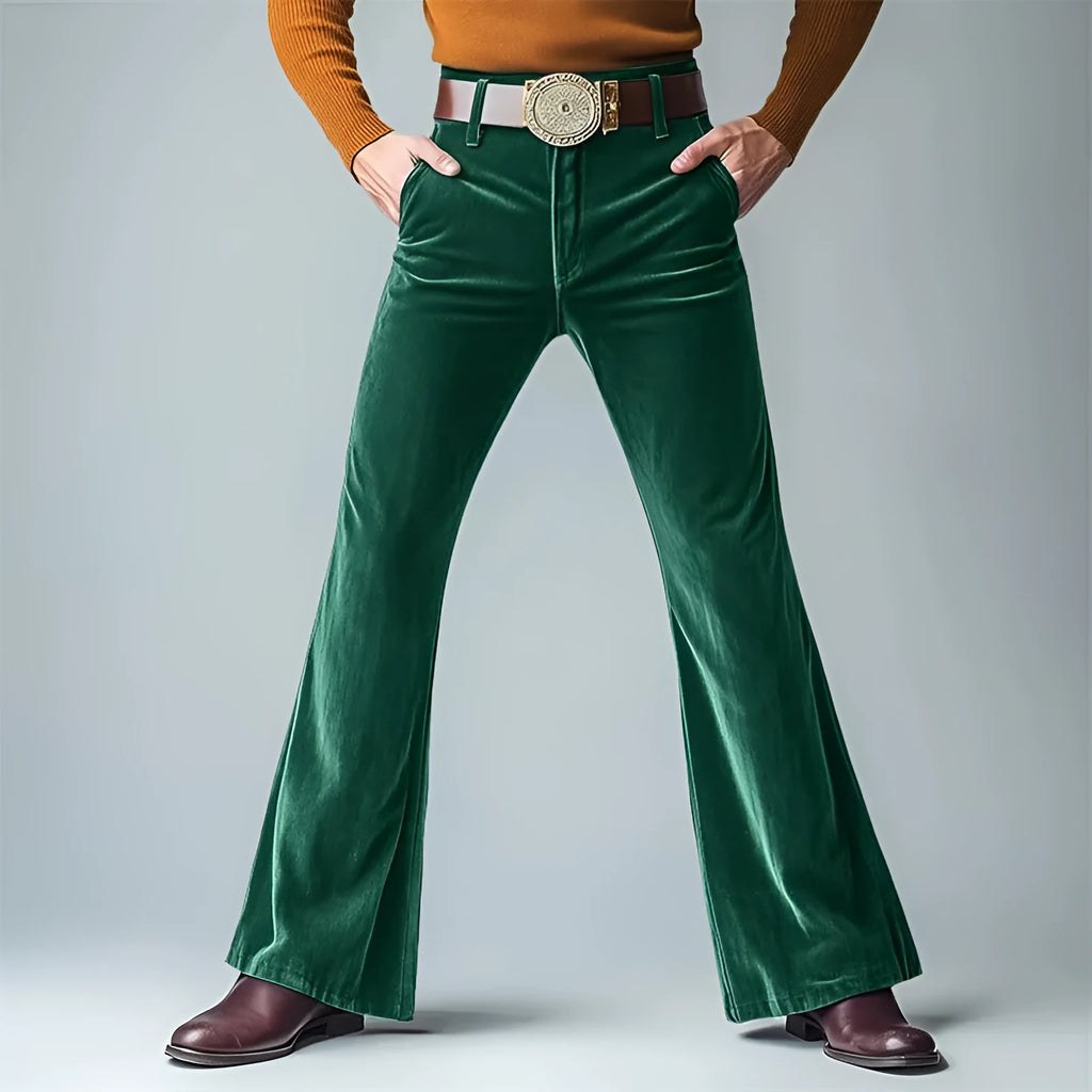 Men's slim flared suit pants in gold velvet fabric with lightweight business styling