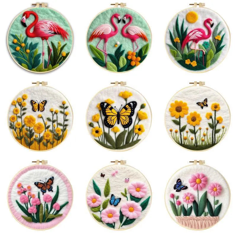 Round linen embroidery kit with wool felt pieces and embroidery frame for 3D blanket painting