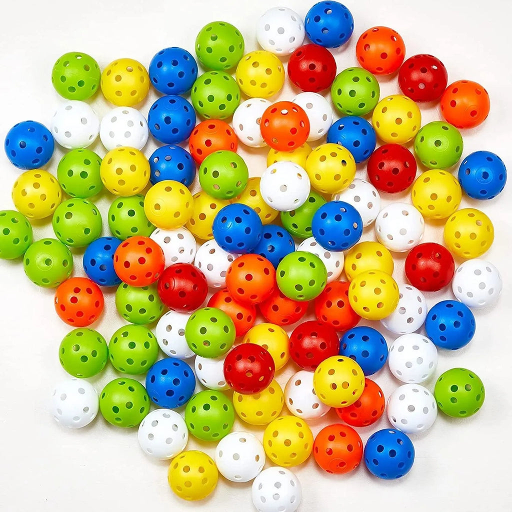 Multi-coloured 26-hole golf practice balls showing red, blue, green, orange, white and yellow options
