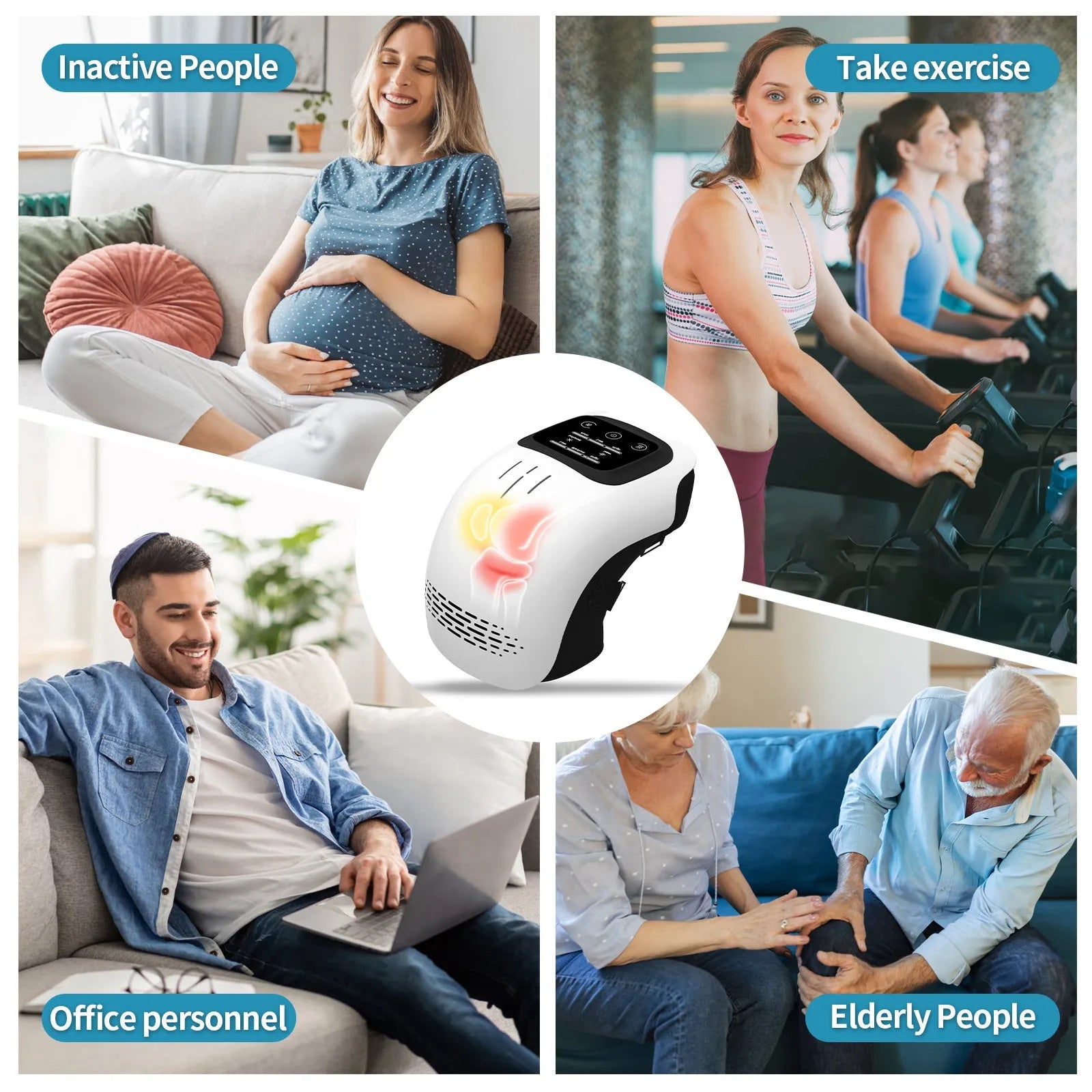 White electric knee massager with adjustable straps showing infrared heating and kneading mechanisms