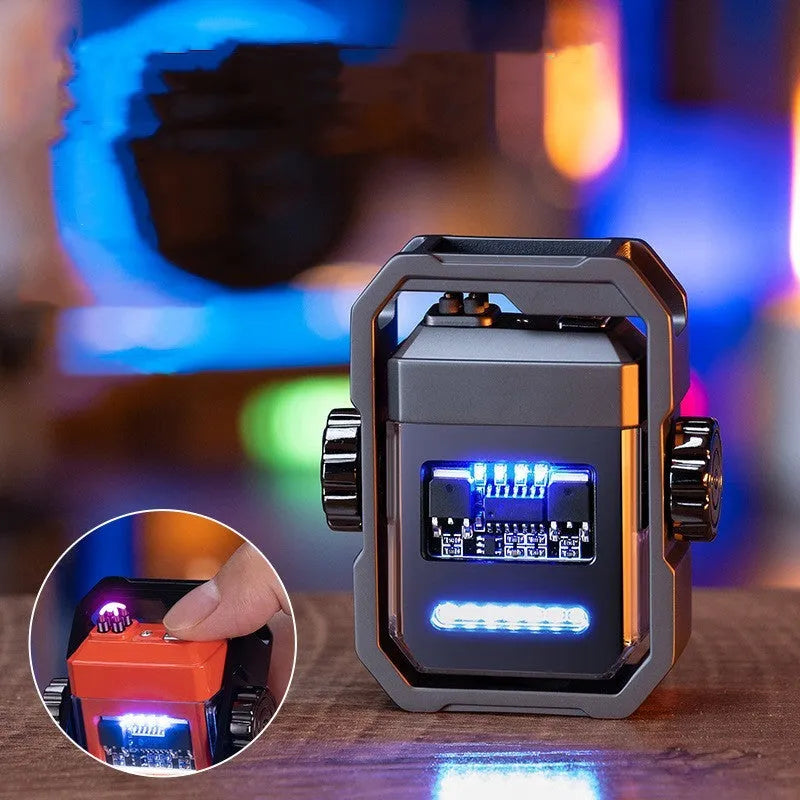 Blue windproof double arc electric lighter with a spinning mechanical gyroscope, showing folded and open positions.