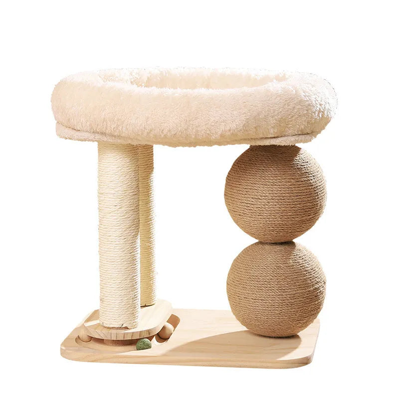Pine wood cat nest bed with double columns and integrated grasping balls in chamfer, sisal, or summer mat style.