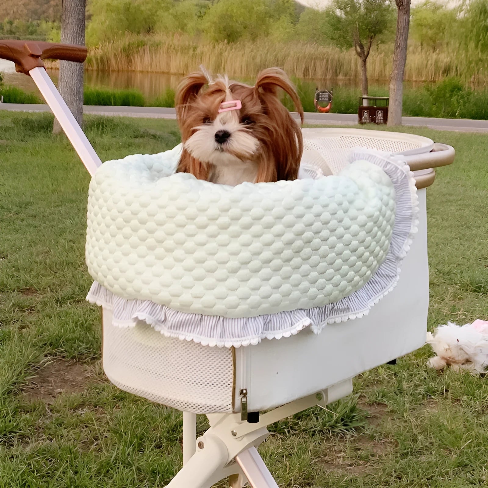 Pure cotton pet stroller three-piece set with anti-dirty towel, cushion, and pillow in striped and floral colours