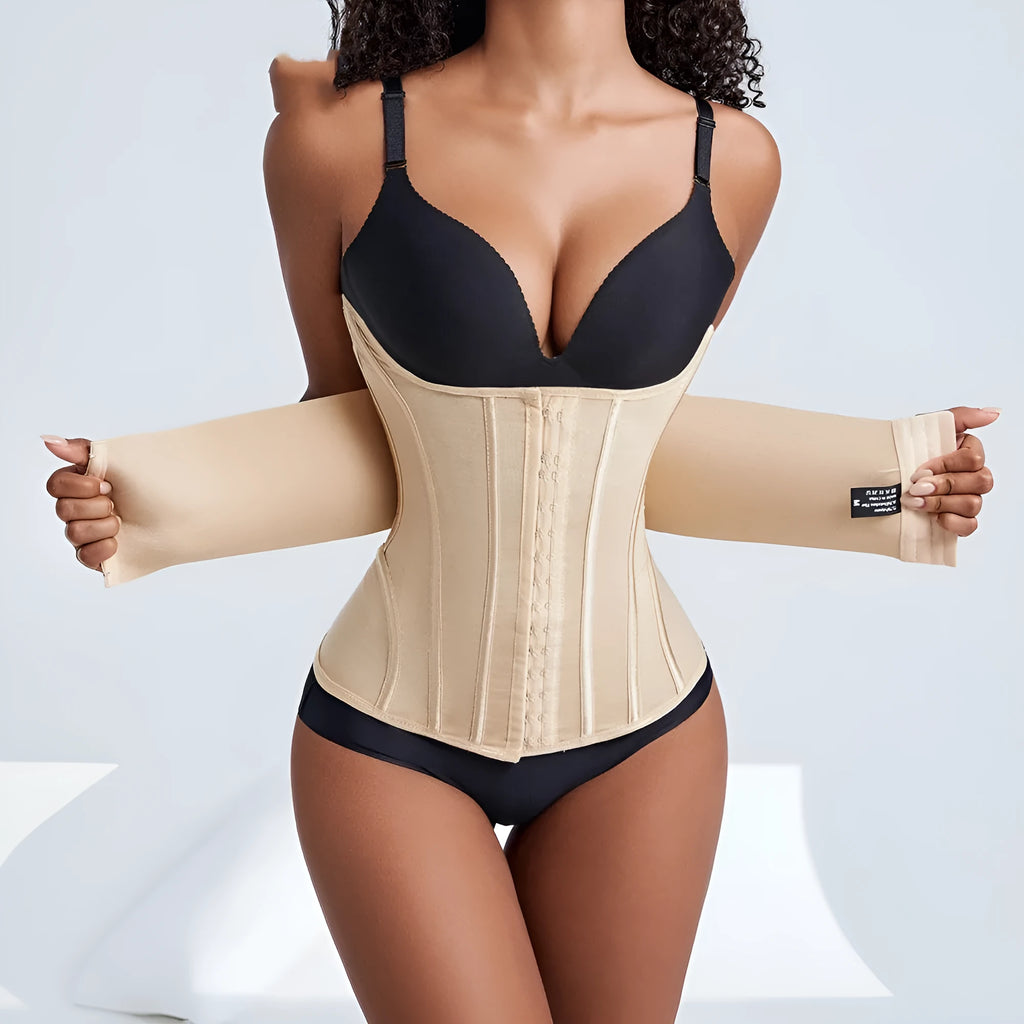 Nylon belly band waist training belt in black or apricot colour with belt tie design