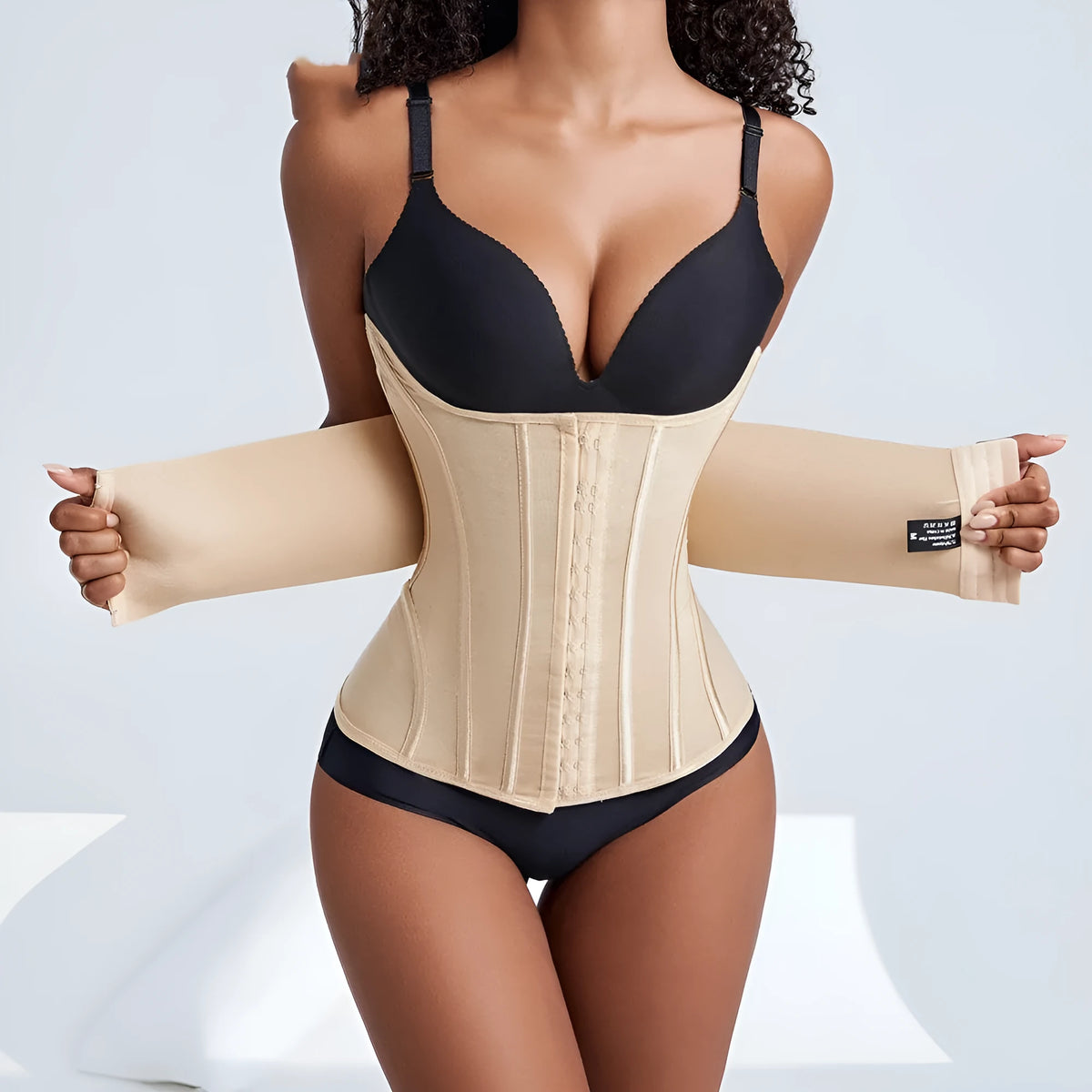 Nylon belly band waist training belt in black or apricot colour with belt tie design