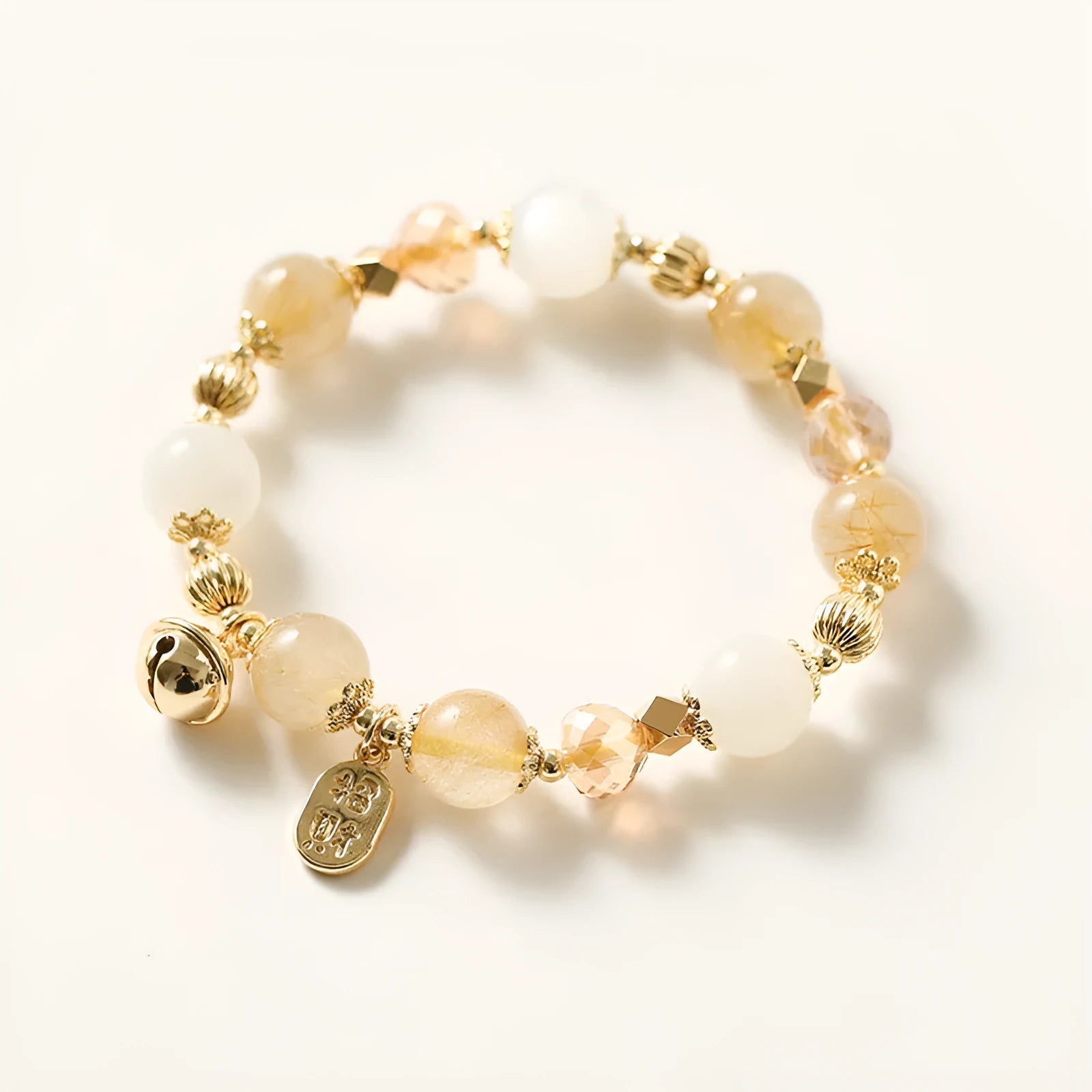 Korean style gold rutilated quartz bracelet with electroplated Lucky Fortune colour crystal jewellery.