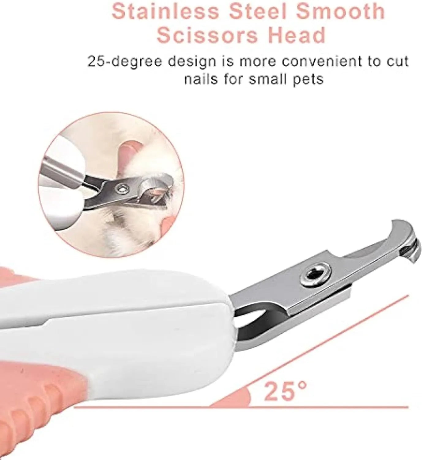 Grey and pink cat nail clippers with angled blade and safety guard for small pets.