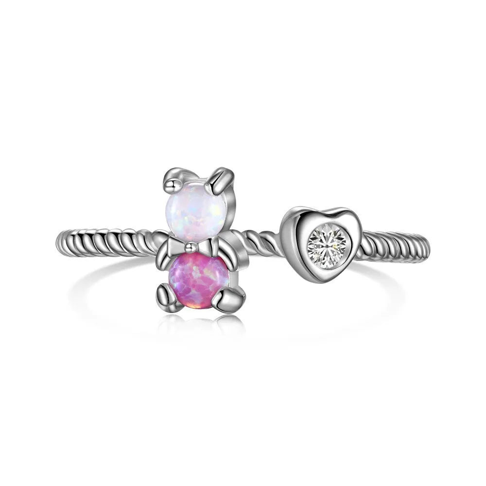 S925 sterling silver bear ring for women with heart-shaped Australian gemstone and zircon on adjustable band