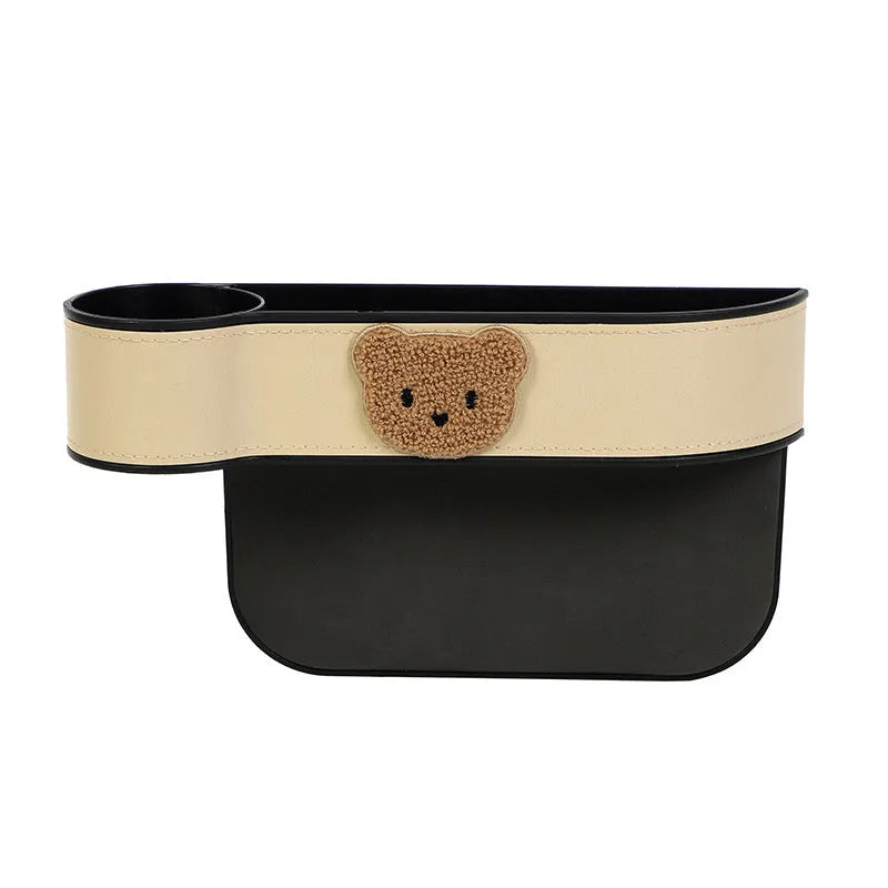 Leather car seat gap storage box with cartoon bear design in black and rice bear colours.