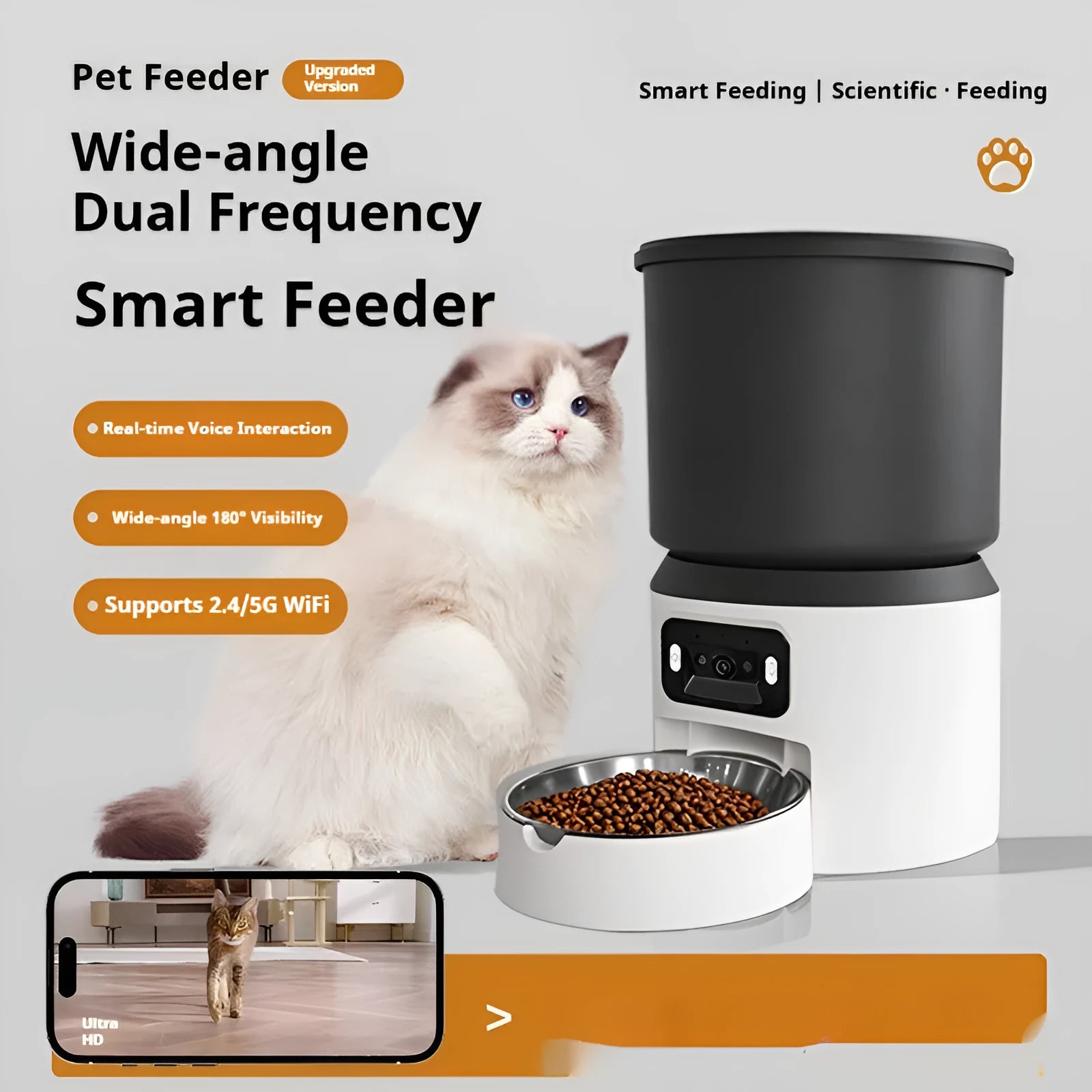 4L smart pet feeder with Wi-Fi connectivity and camera monitoring for cats and dogs