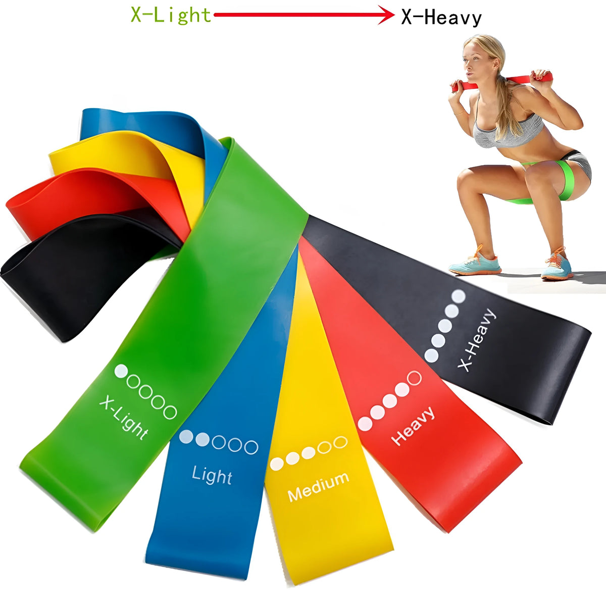 Five yoga stretching bands in different colours showing graduated thickness for progressive resistance training