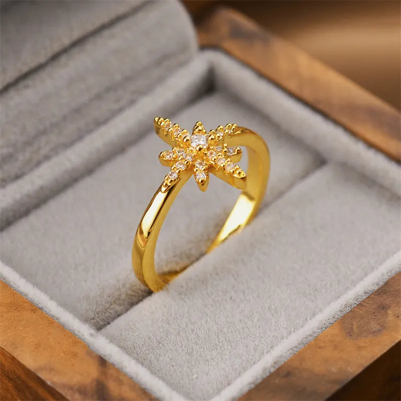 Korean women's open geometric ring in gold colour with adjustable band, showing electroplated copper construction