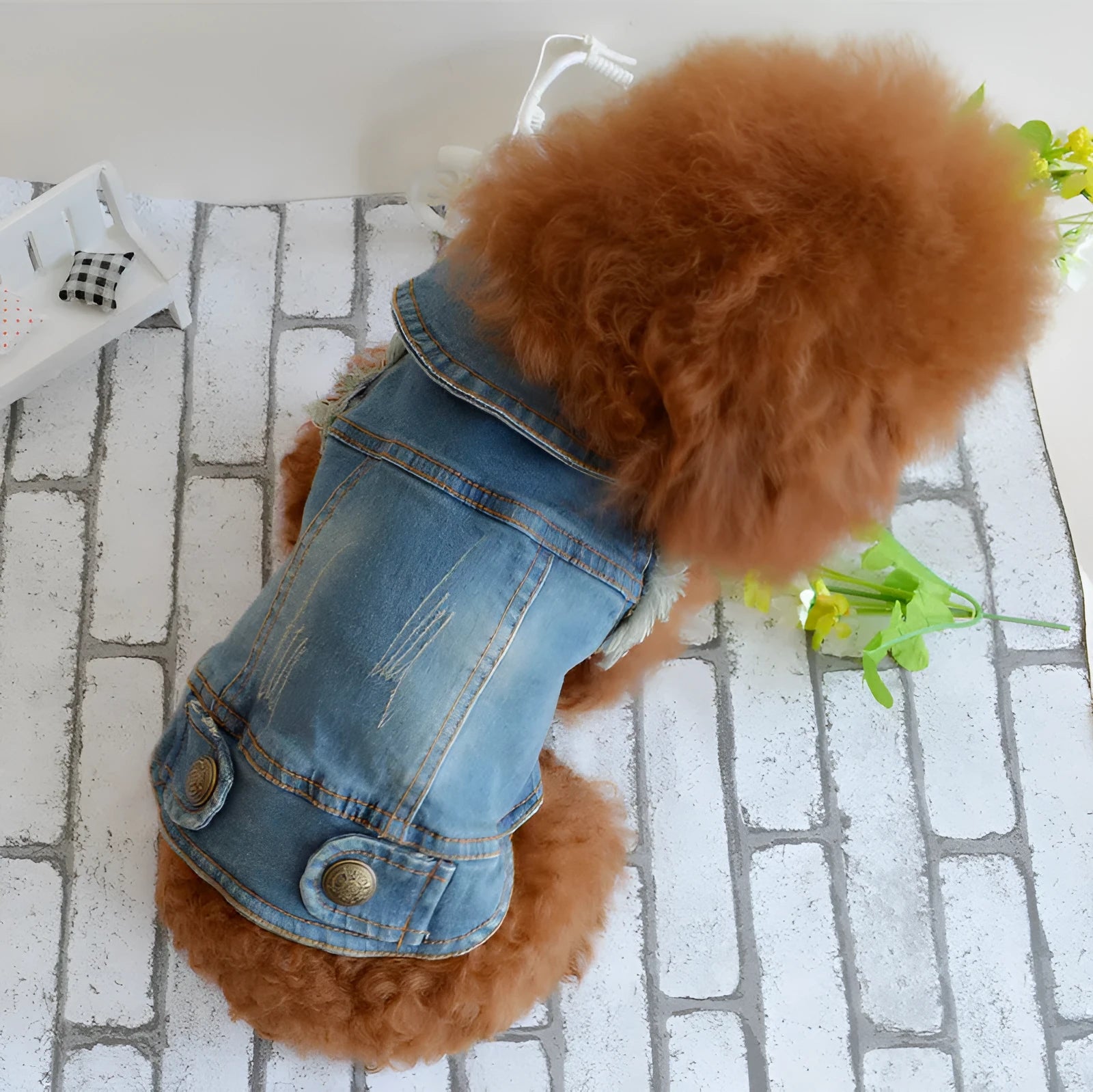 Denim dog vest with retro scratch pattern in dark and light wash colours for small to medium breeds