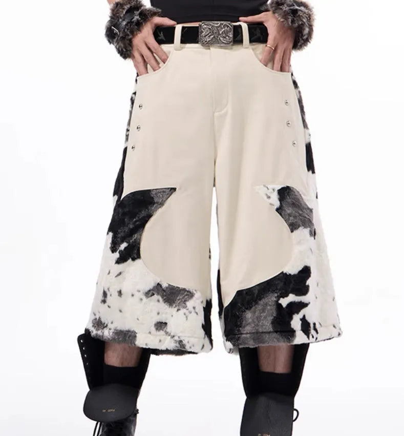 Women's milk fibre cropped trousers with stitched fur detail in a printed pattern colour.