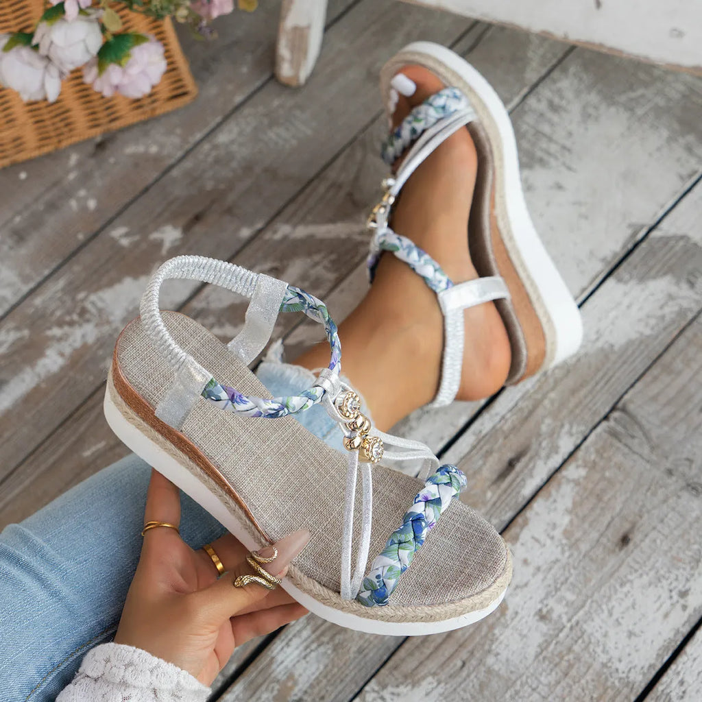 Gold rhinestone ornament wedge sandal with elastic strap, fish mouth toe, microfiber upper and rubber sole