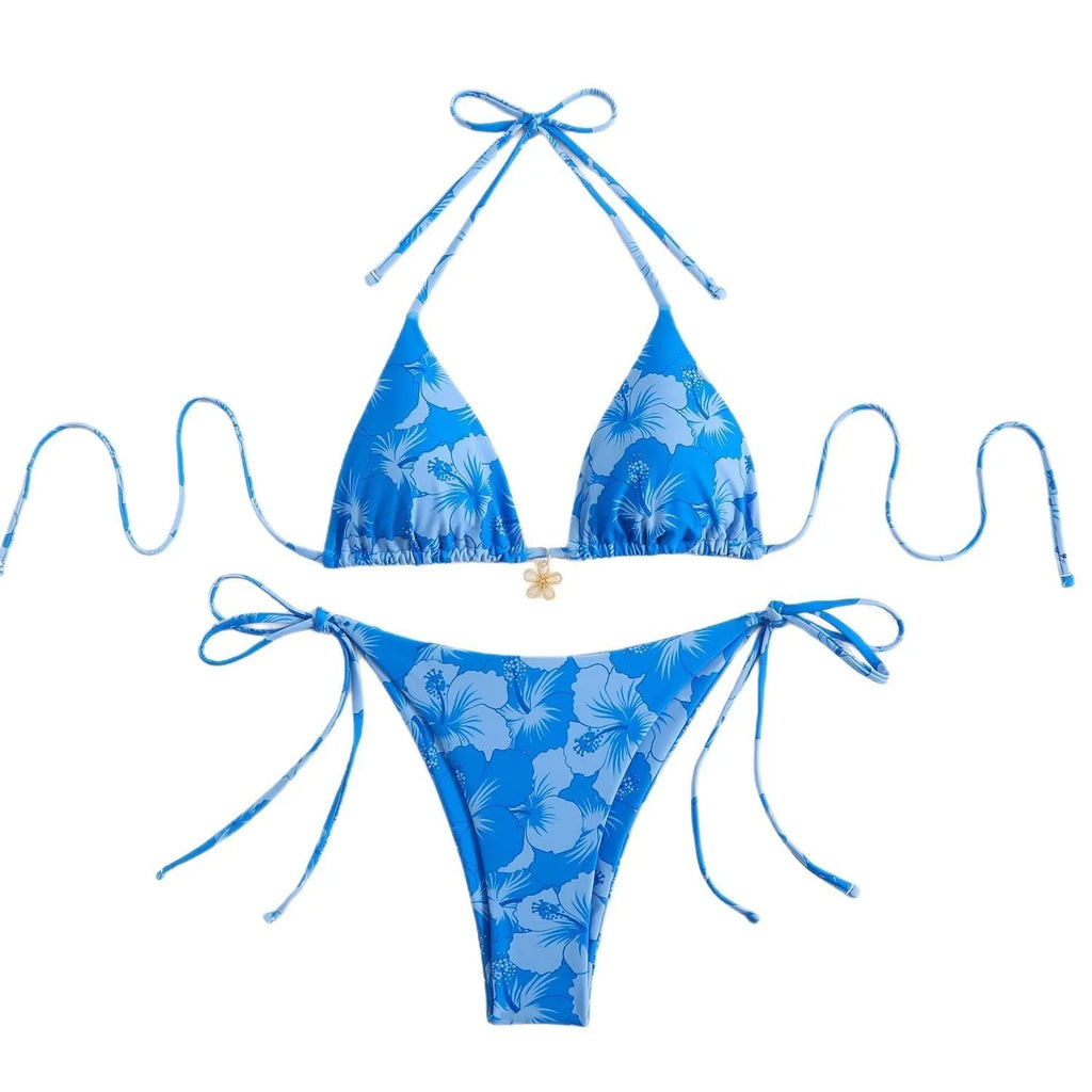 Double-sided bikini set with polo neck lace-up, high-waist briefs, backless design, polyester, in light blue