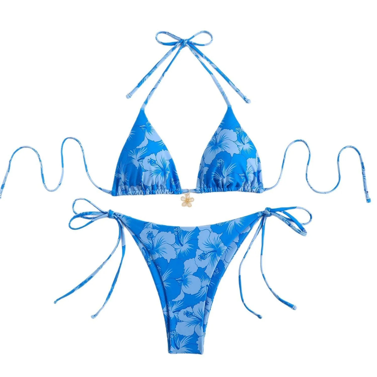 Double-sided bikini set with polo neck lace-up, high-waist briefs, backless design, polyester, in light blue