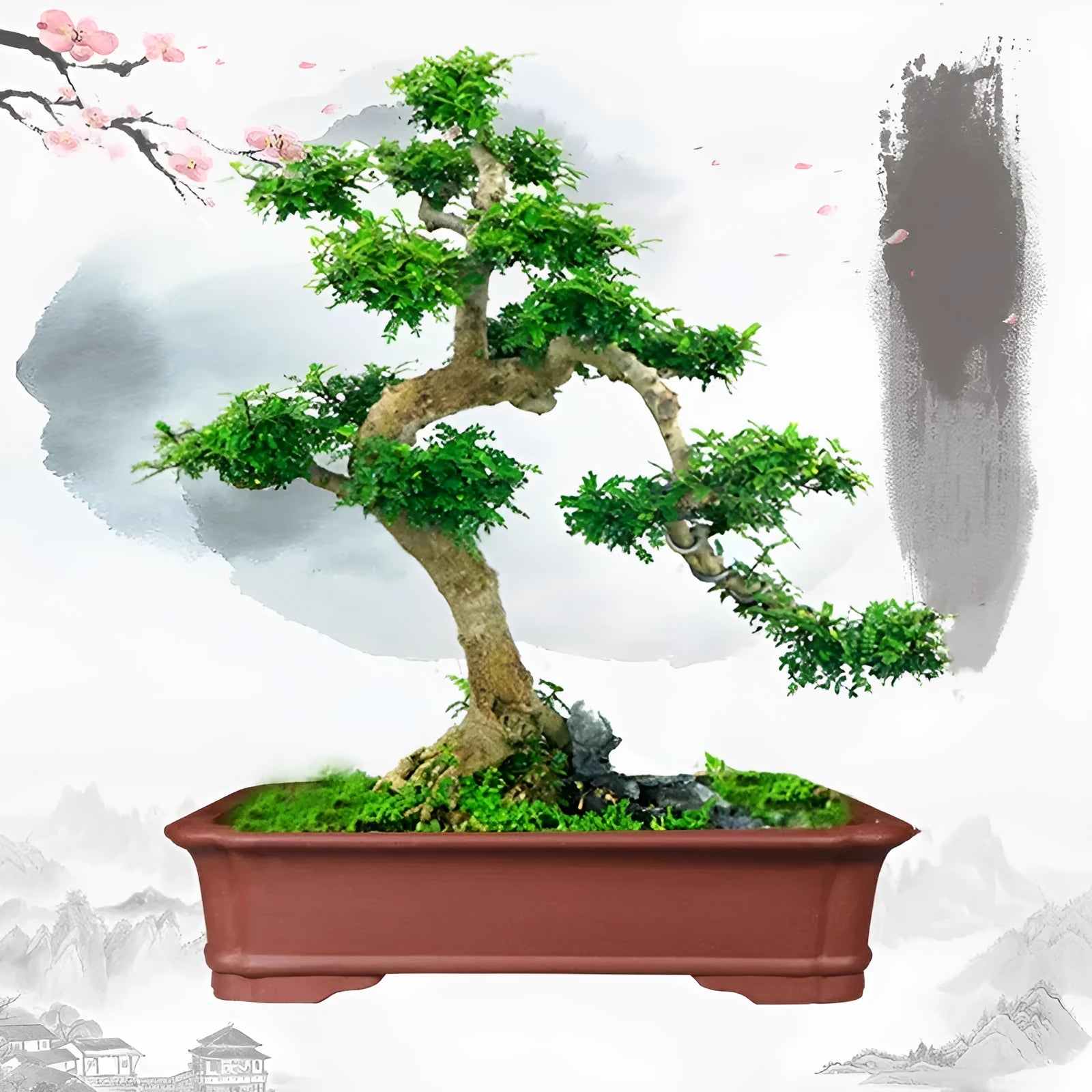 Large rectangular handmade purple clay flowerpot shown in three available sizes for bonsai and gardening