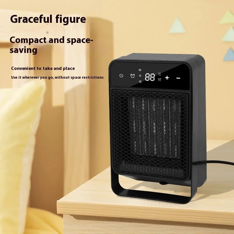 Black desktop electric heater with touch screen display and remote control on wooden desk