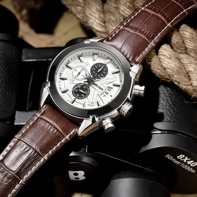 Men's brown and white dial quartz chronograph watch with three sub-dials and luminous markers