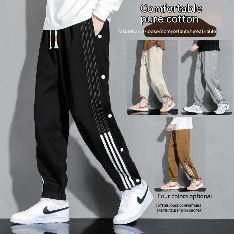 Men's loose grey sweatpants with ankle ties and a drawstring waist