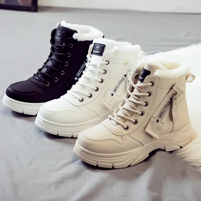 Women's plus size fleece-lined snow boots with lace-up front and mid heel