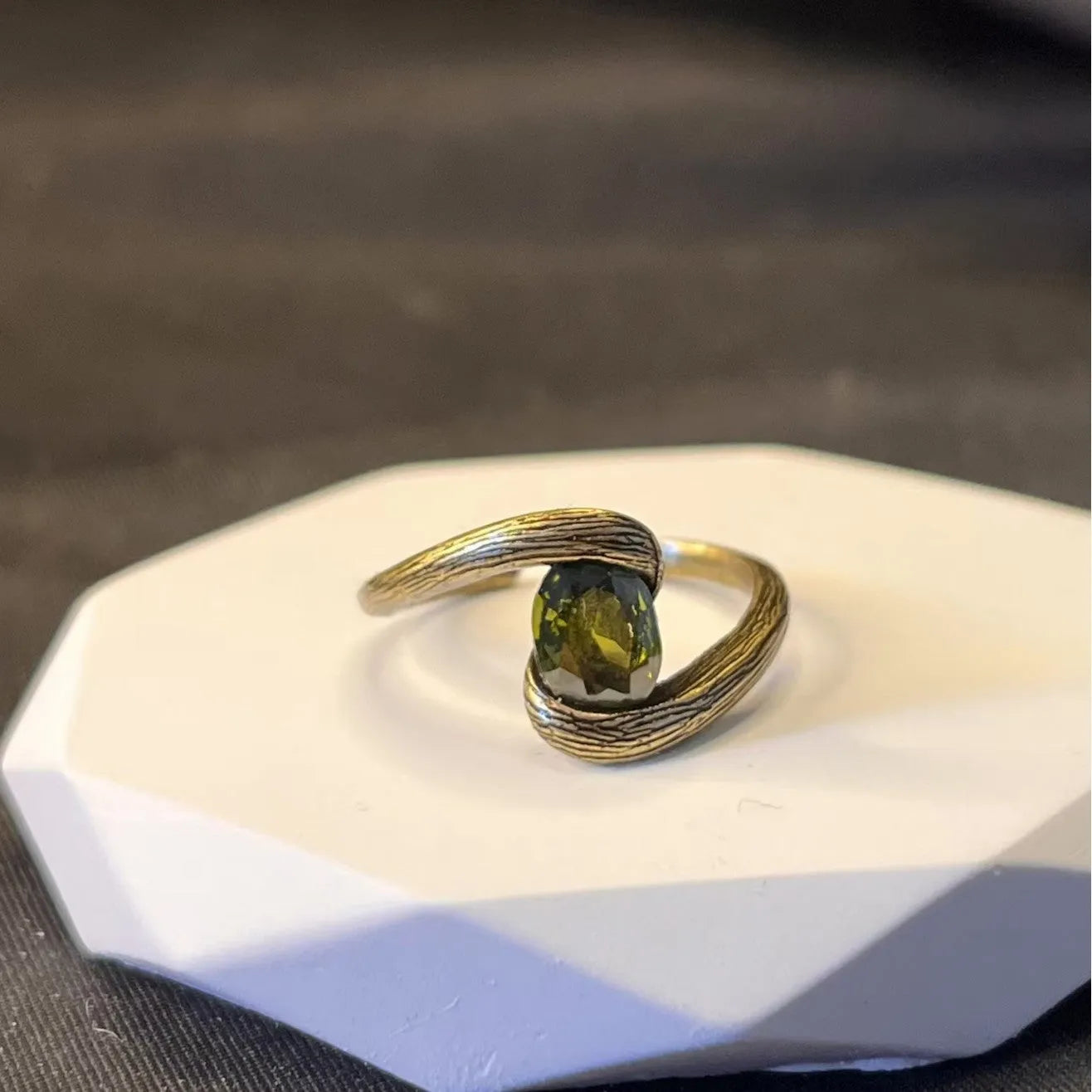 Copper adjustable ring with brushed finish and diamond coloured gem in retro heart shape